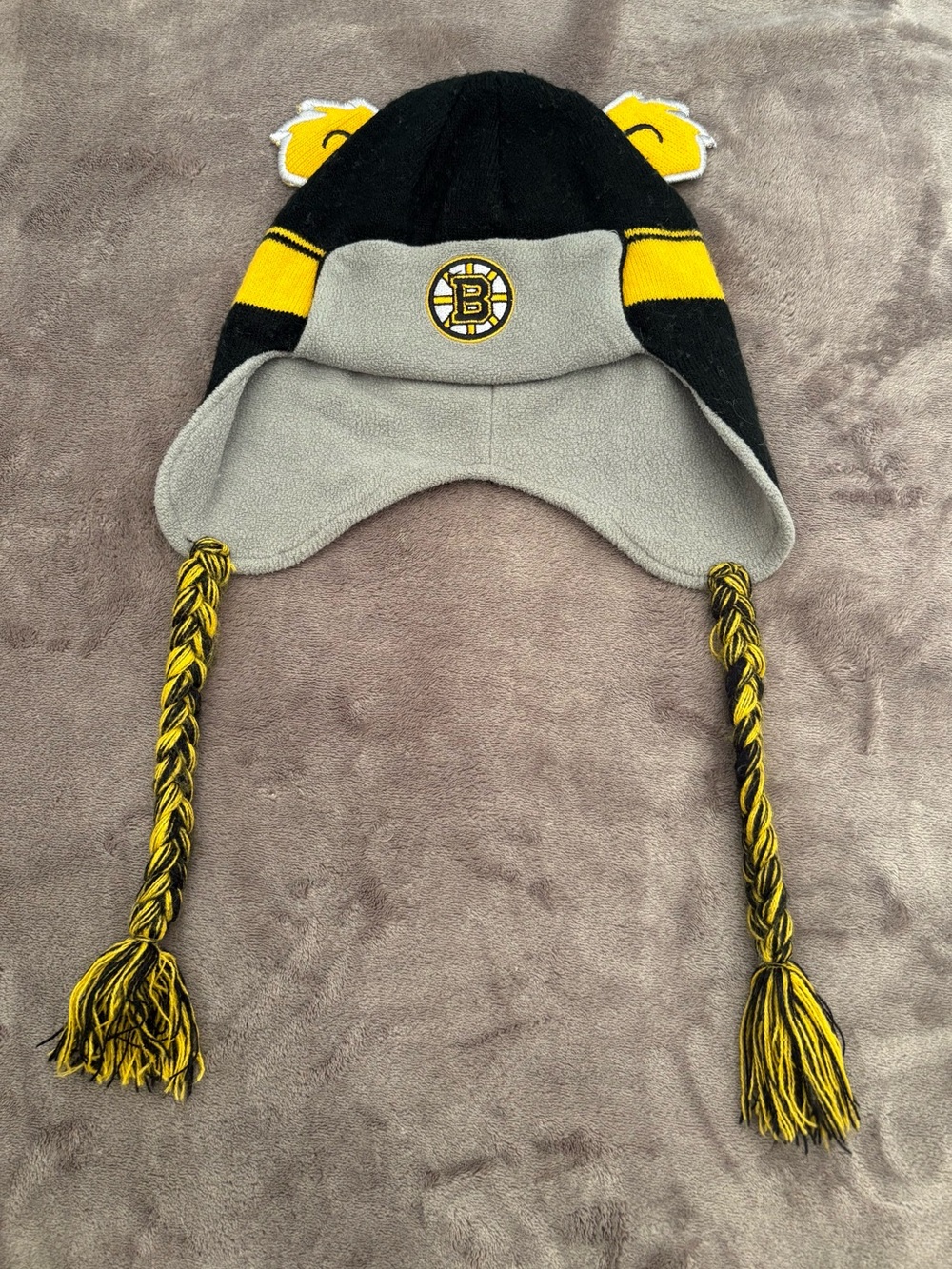 NHL Boston Bruins Earflap Knit Hat in Black, Yellow & Gray